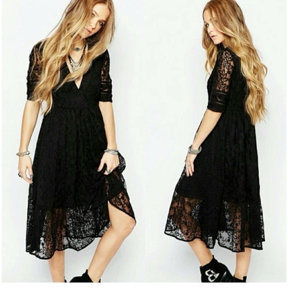 Free People Dress Womens 8 Black Mountain Laurel Lace Crochet Midi Punk Goth - Picture 1 of 12